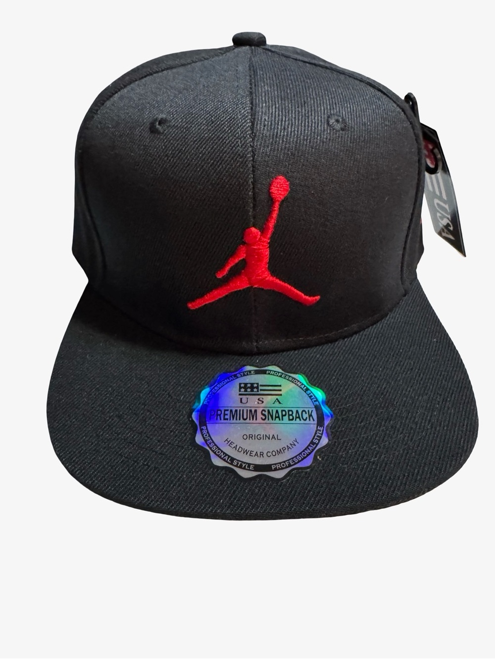 Jordan Black Snapback Hat with Red Jumping Logo